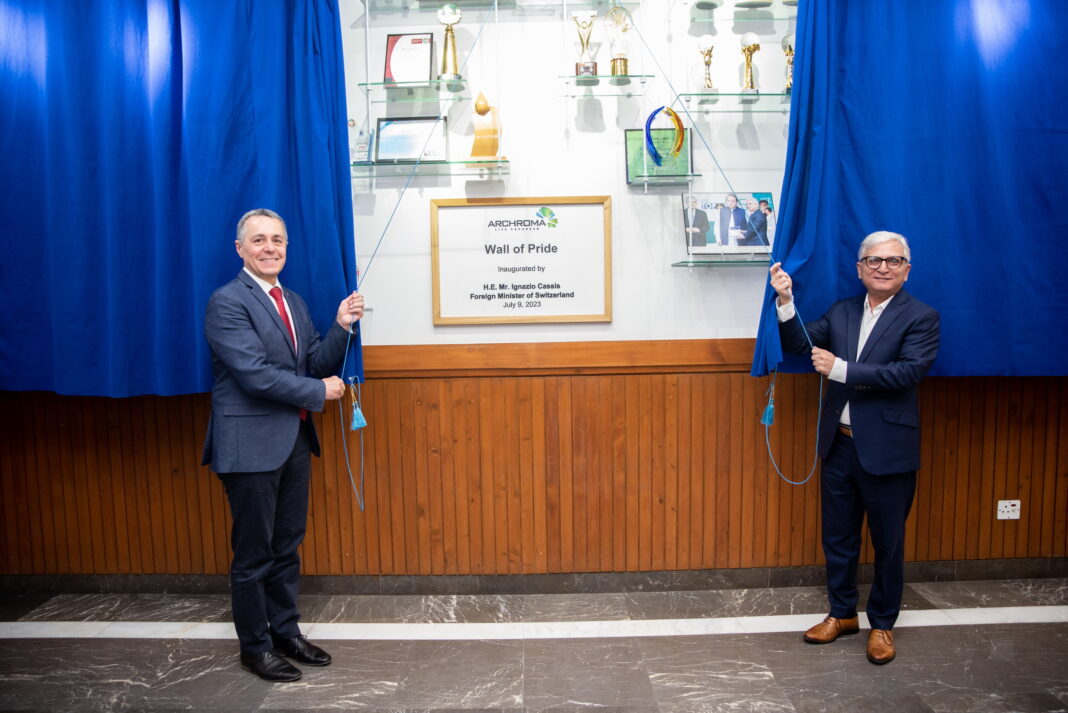 Foreign Minister of Switzerland H.E. Mr. Ignazio Cassis and CEO, Archroma Pakistan Mr. Mujtaba Rahim inaugurating 
